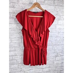 Lauren Ralph Lauren LRL Red Knit Sleeveless Top Ruffle Front Cinch Waist Size S‎